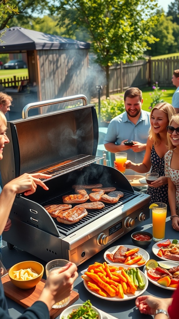 A lively BBQ scene with friends gathered around a grill, enjoying delicious food and drinks.